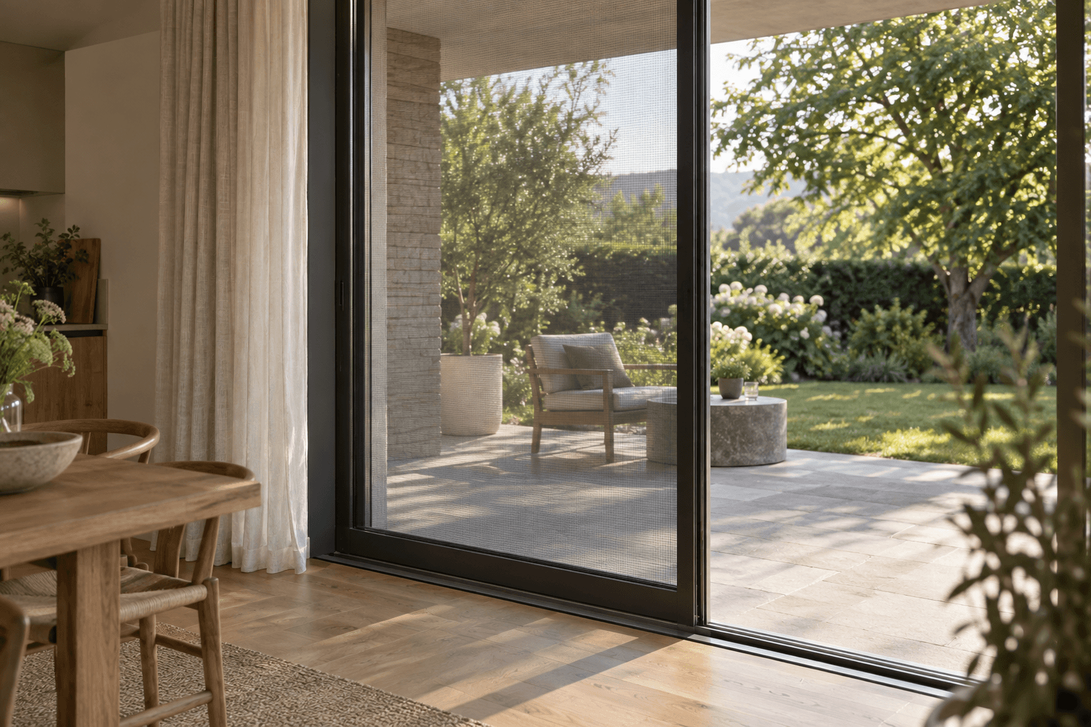Illustrative concept of a discreet insect screen opening onto a garden